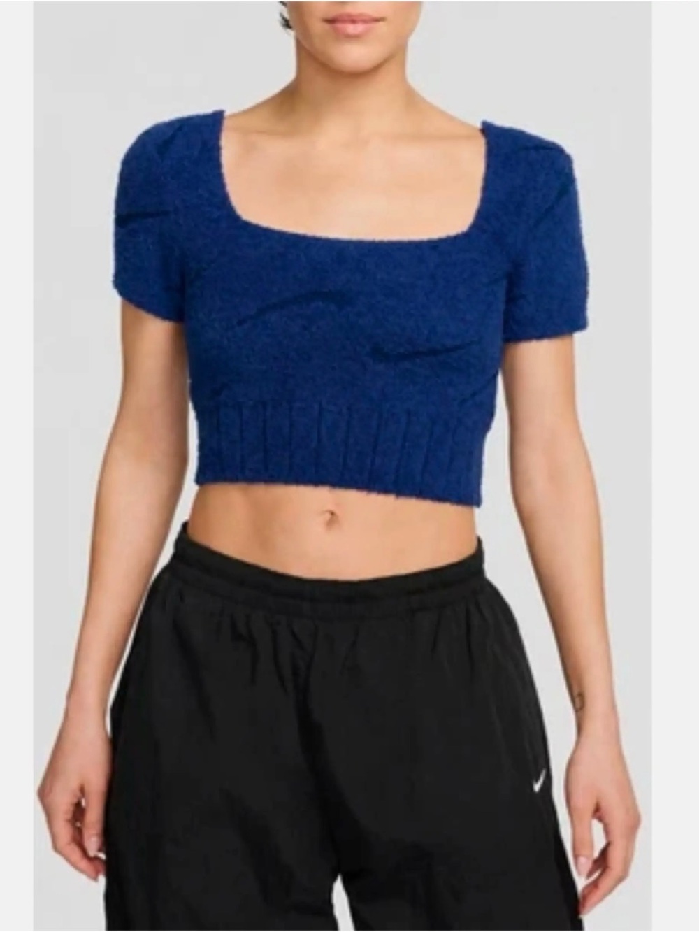 Nike Women’s XS Cozy Fuzzy Crop Top Navy Blue Short Sleeve NWT $70 HV2770-410